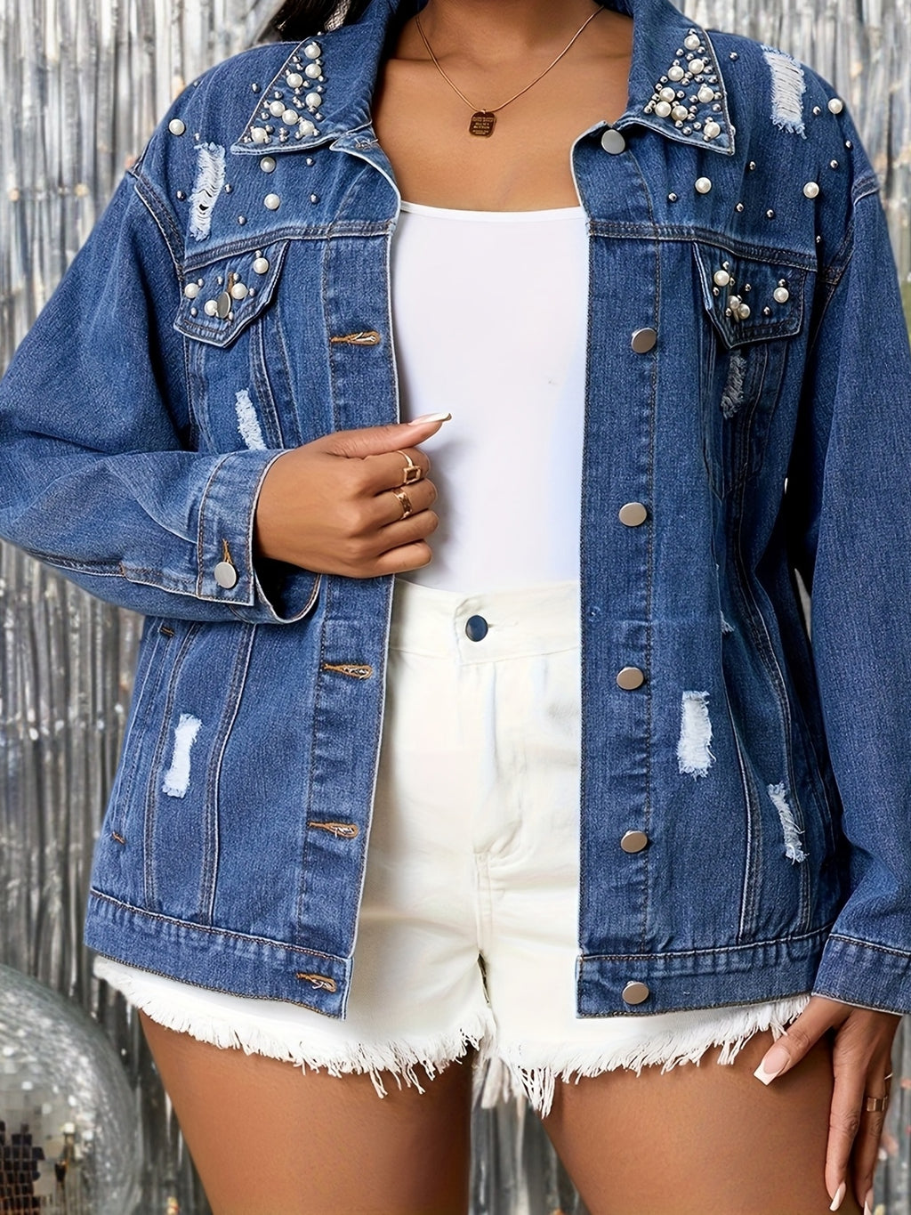 Plus-Size Unique Pearl Distressed Women's Jacket