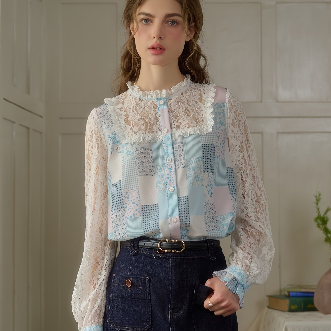 Women's Autumn Winter Loose Fit Blouse - Elegant Stand-Up Collar with Lace Patchwork