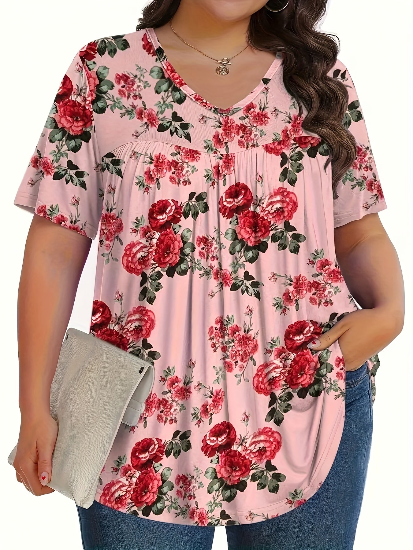 Women's Plus Size V-Neck Blouse - Middle Eastern-Inspired Floral Print Digital, Stretchy Machine-Washable Fabric, All-Season Casual & Formal