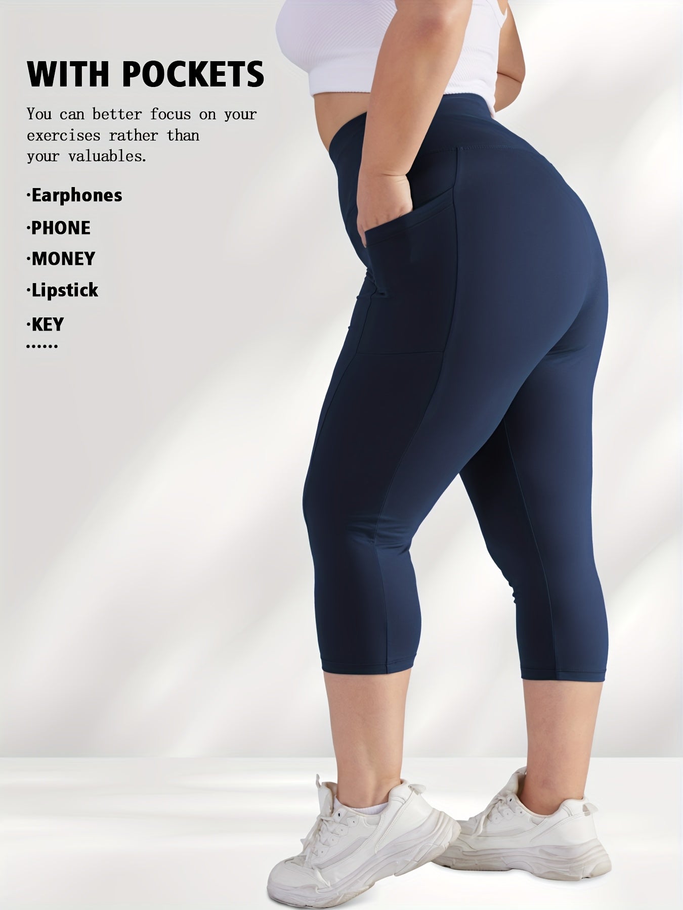 Women's Plus Size High-Waisted Capri Leggings with Side Phone Pockets
