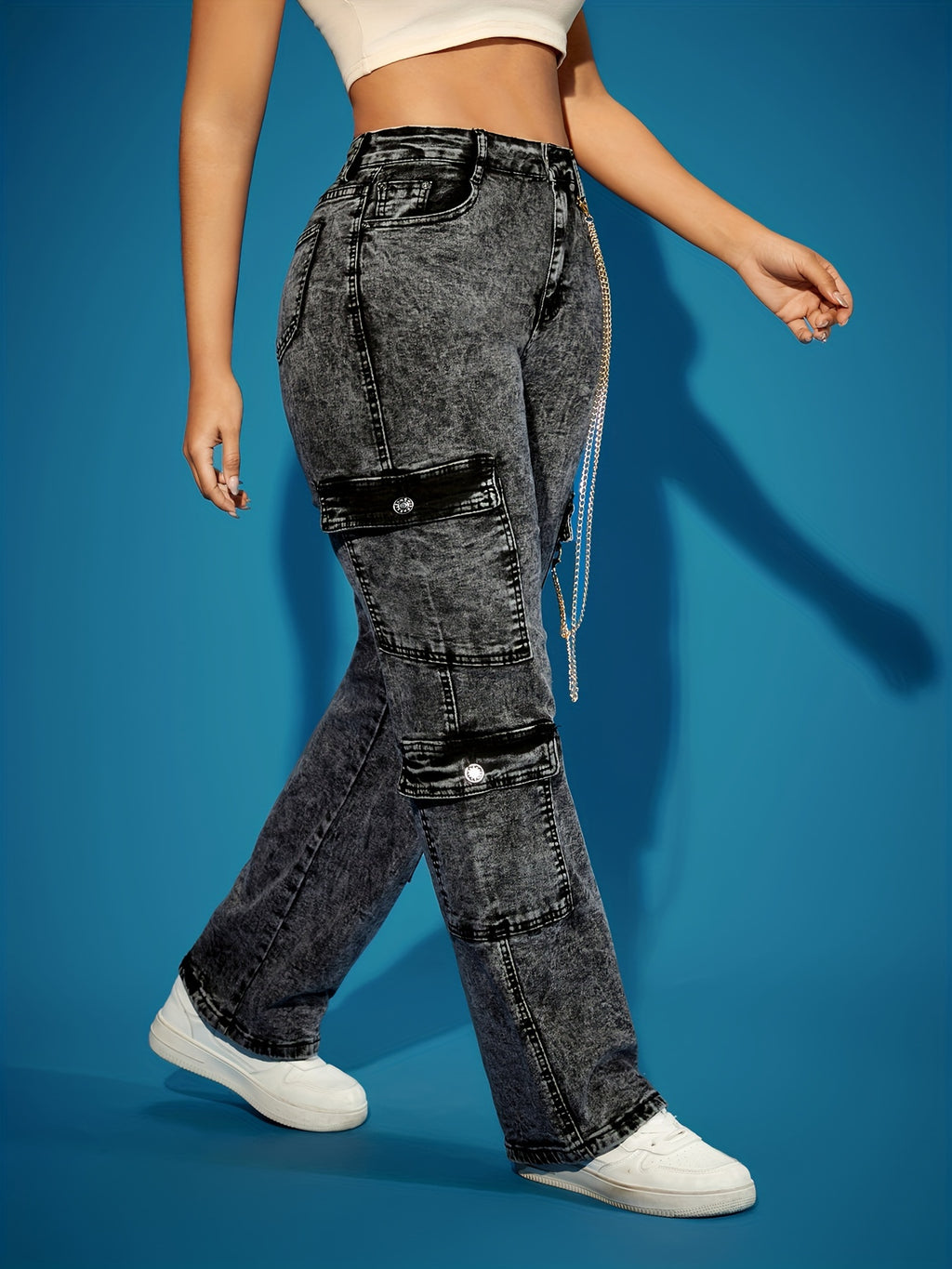 High-Waist Stretch Denim Cargo Pants for Women