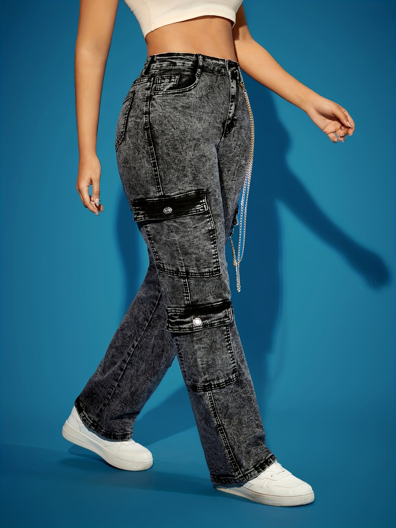 High-Waist Stretch Denim Cargo Pants for Women
