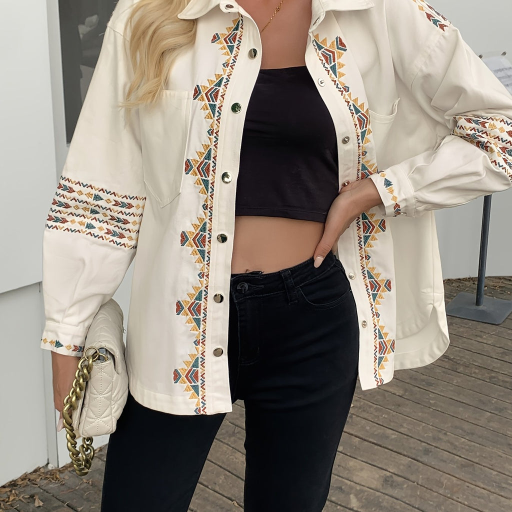 Women's Spring And Autumn Ethnic Style Printed Shirt with a Fashionable Front Placket