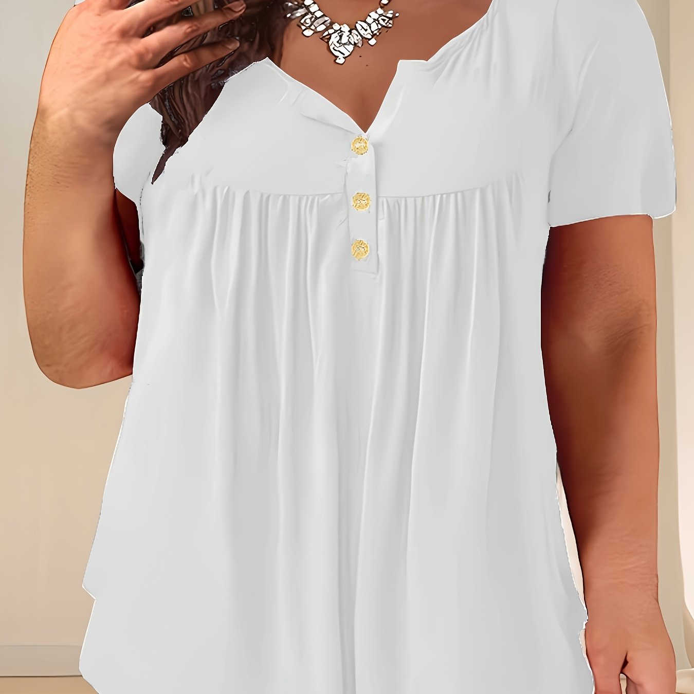 Women'S Plus Size Casual Buttoned Pleated T-Shirt, Summer Knit Fabric Top, Crew Neck, Solid Color, Slight Stretch, Oversized Pullovers,