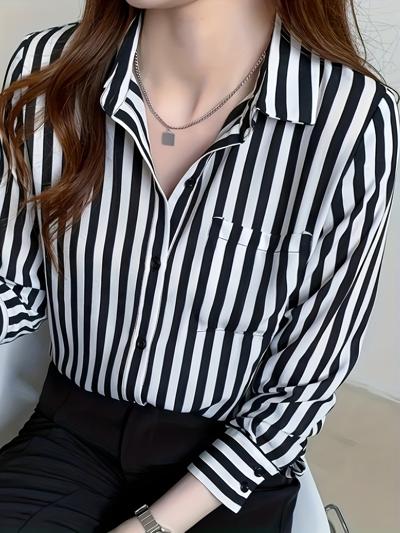 Women's Striped Button-Up Shirt Long Sleeve