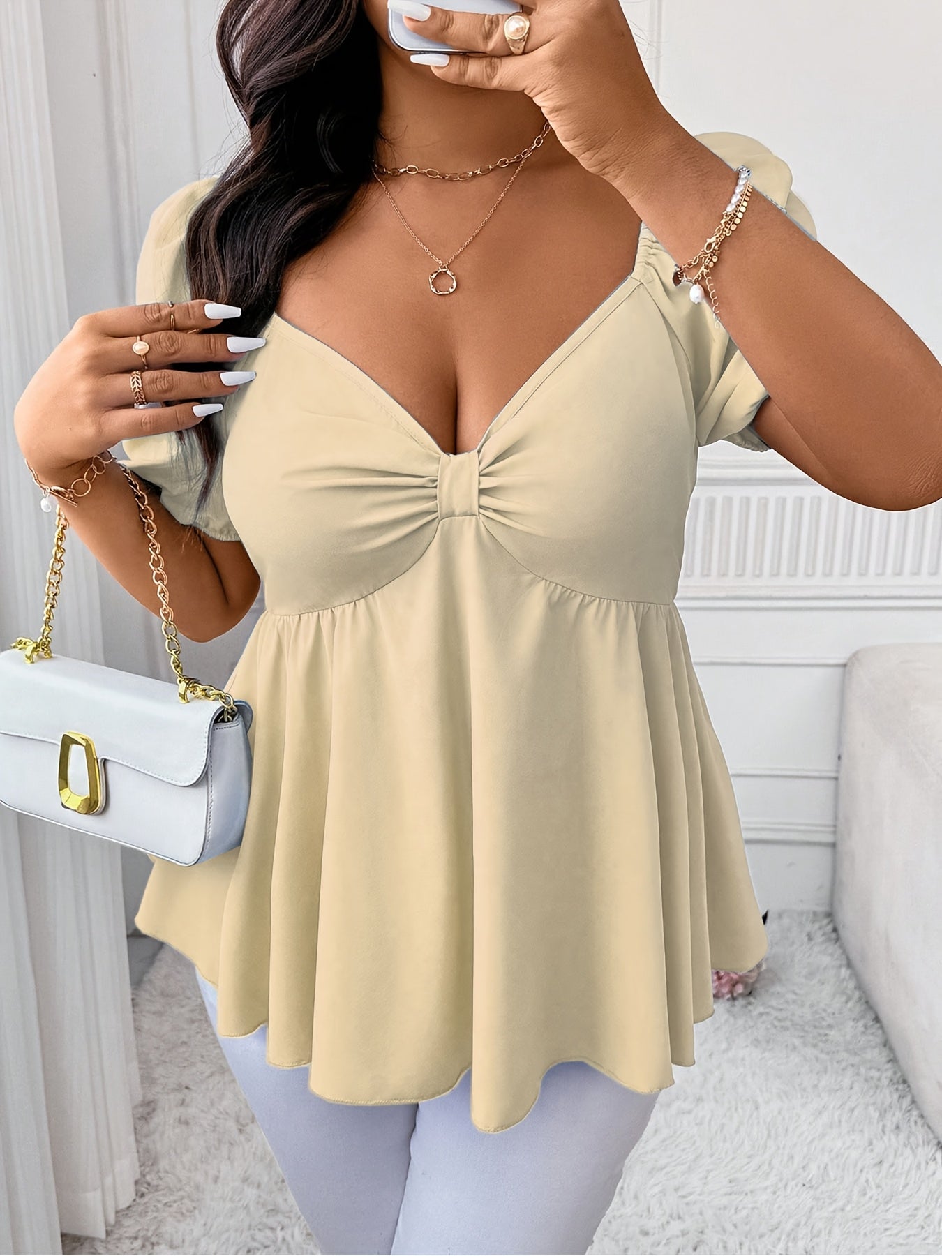 Elegant Plus Size Women's Deep V-Neck Blouse - Short Sleeve