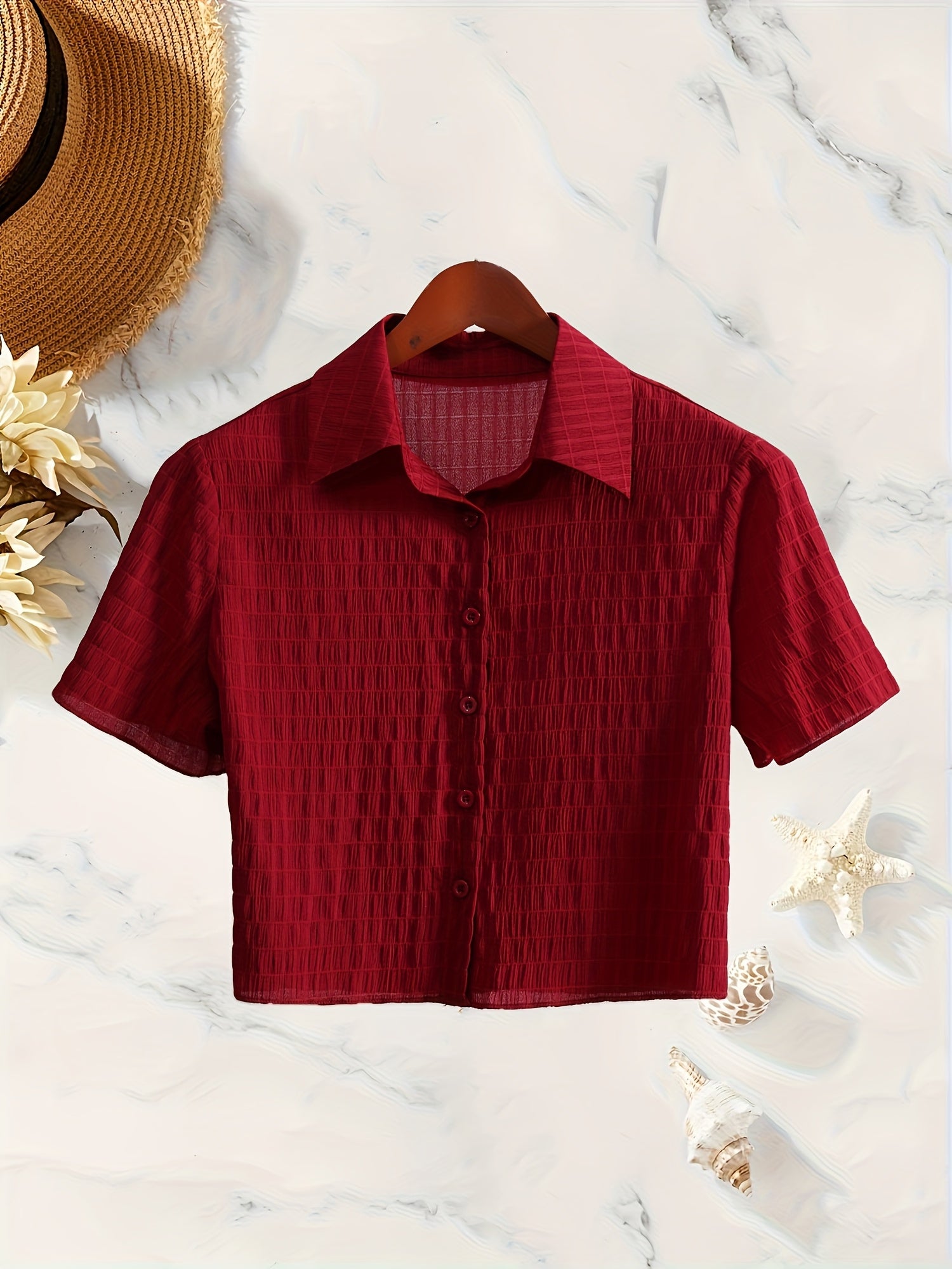 Women's Casual Red Short Sleeve Button-Up Shirt - Machine Washable, Collared Design