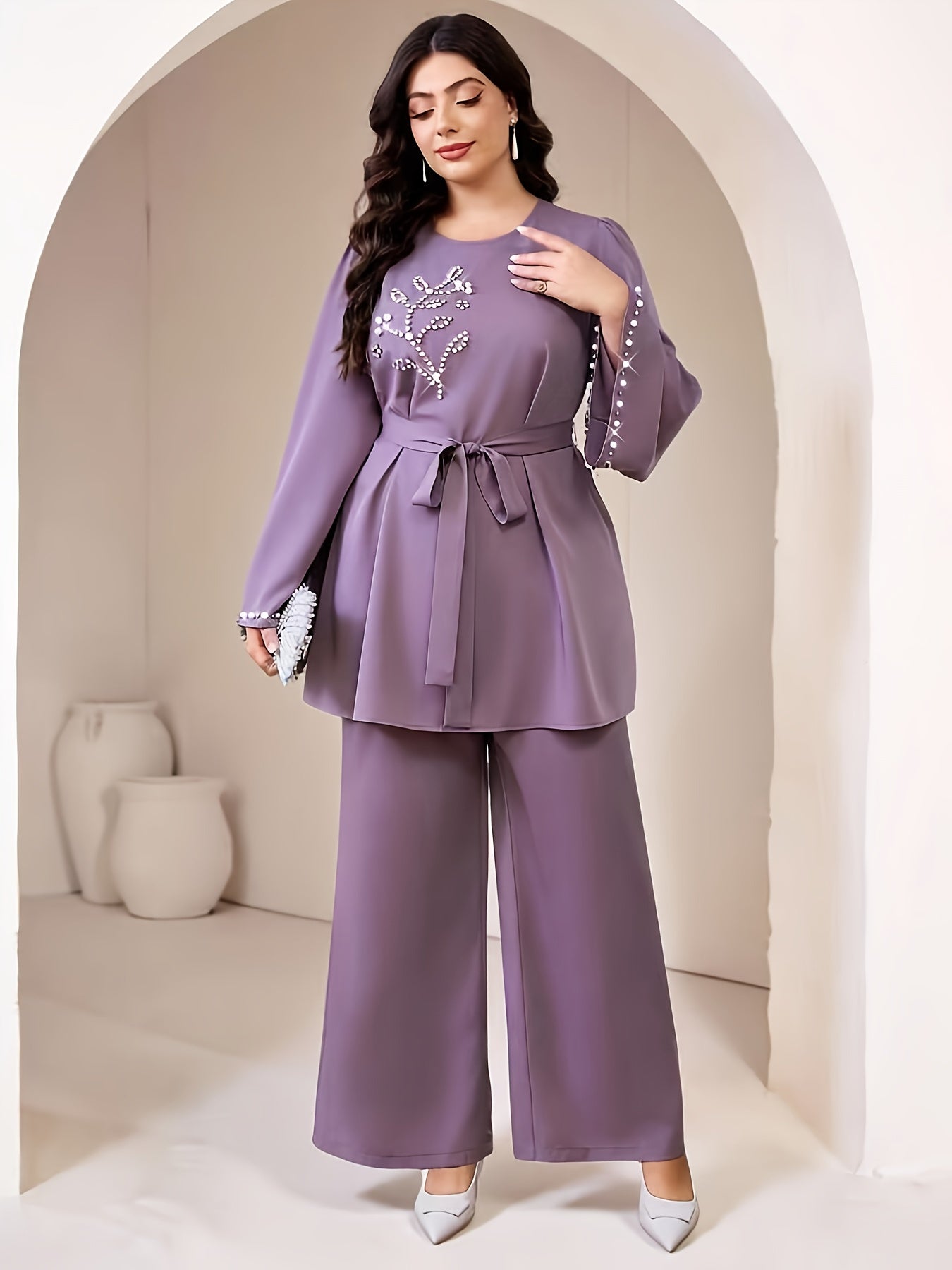 Plus-Size Women's Elegant And Dignified Pearl And Diamond Studs, Two-Piece Set