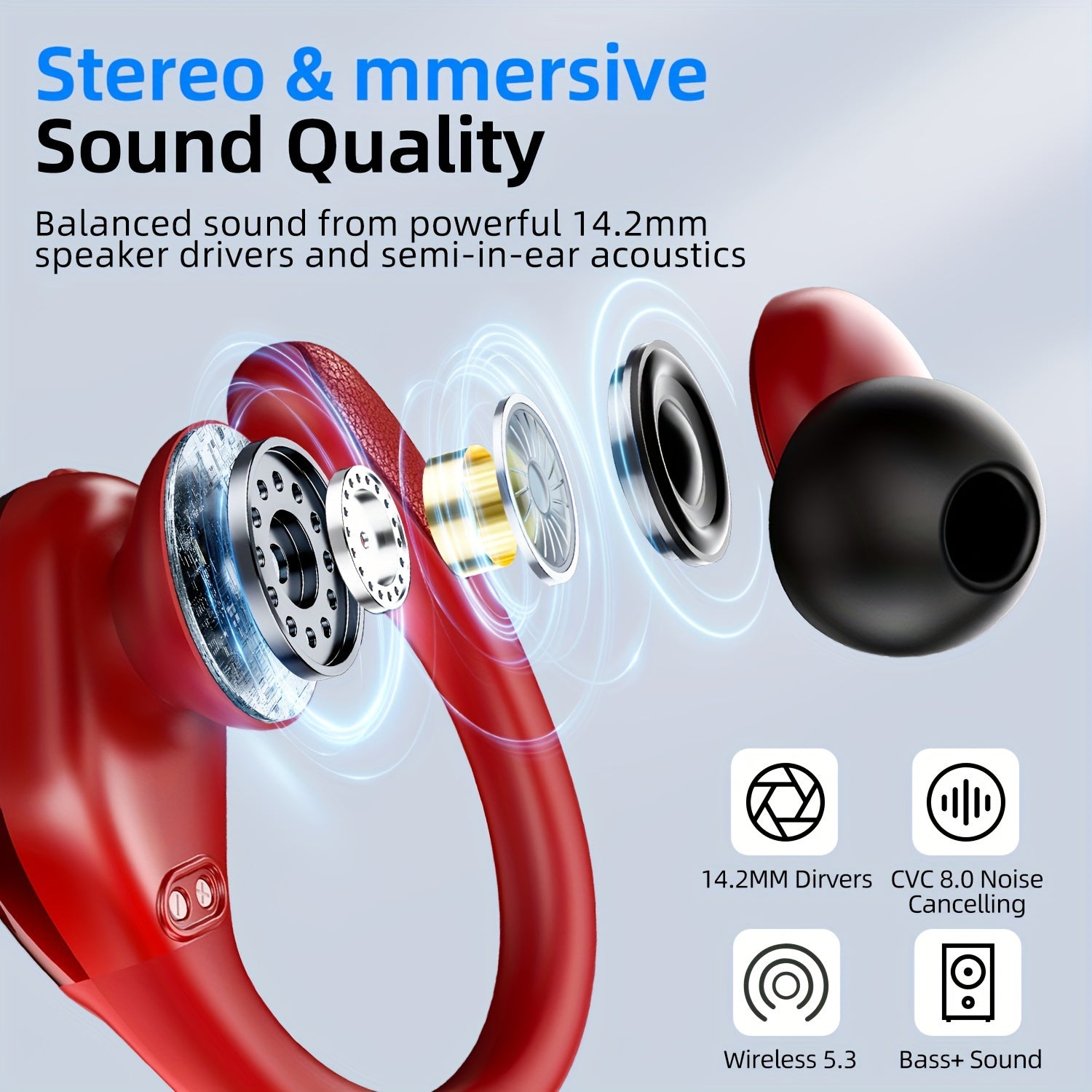 New Wireless Earbuds for Running Sports, Wireless Earphones with Earhooks Pure Bass Sound