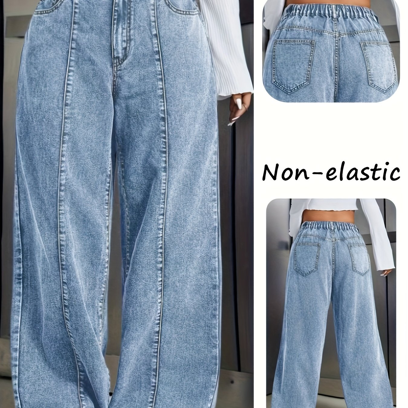 Women's Plus Size Wide-Leg Jeans - Non-Stretchy Vintage Washed Blue Jeans