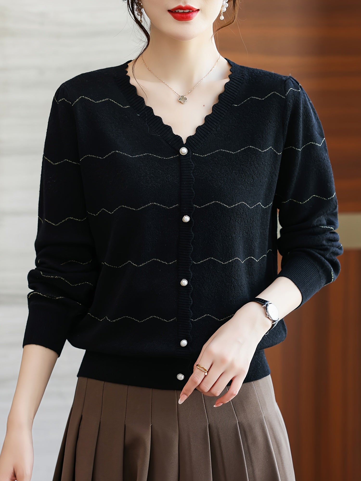 Women'S Elegant V-Neck Blouse - Lightweight Breathable Long Sleeve Shirt with Button Front