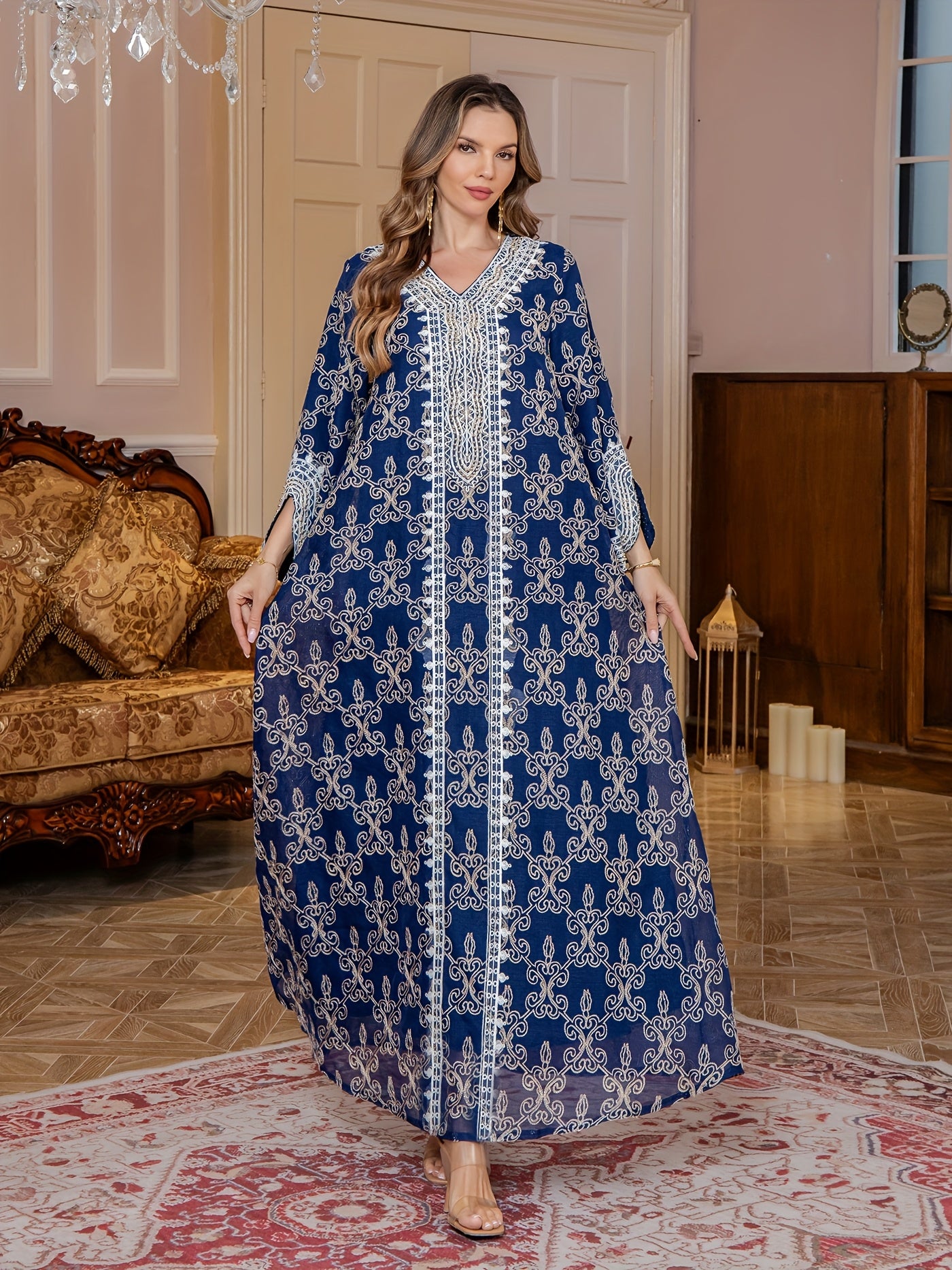 Middle Eastern Embroidered Abaya Long Robe, Light Luxury Evening Gown Two-Piece Dress for Women