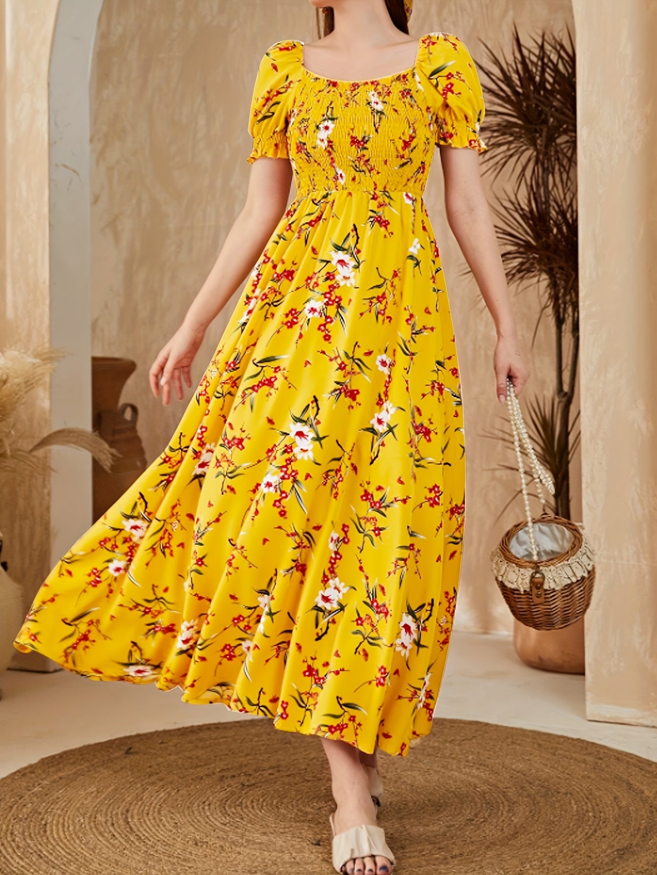 Women's Floral Print Square Neck Puff Sleeve Dress