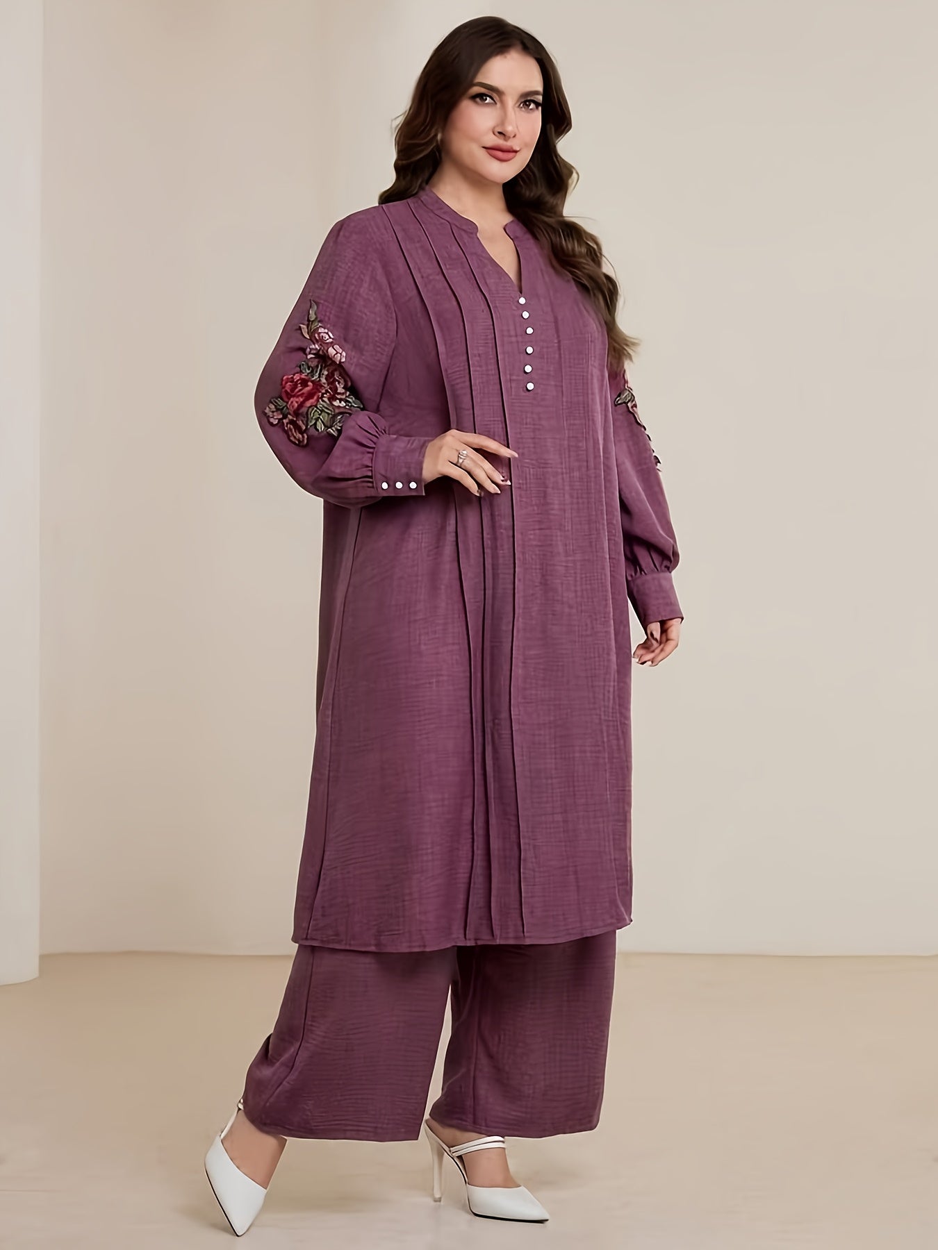 Plus Size Women's Elegant Embroidered V-Neck Long Sleeve Dress and Loose Pants Two-Piece Set