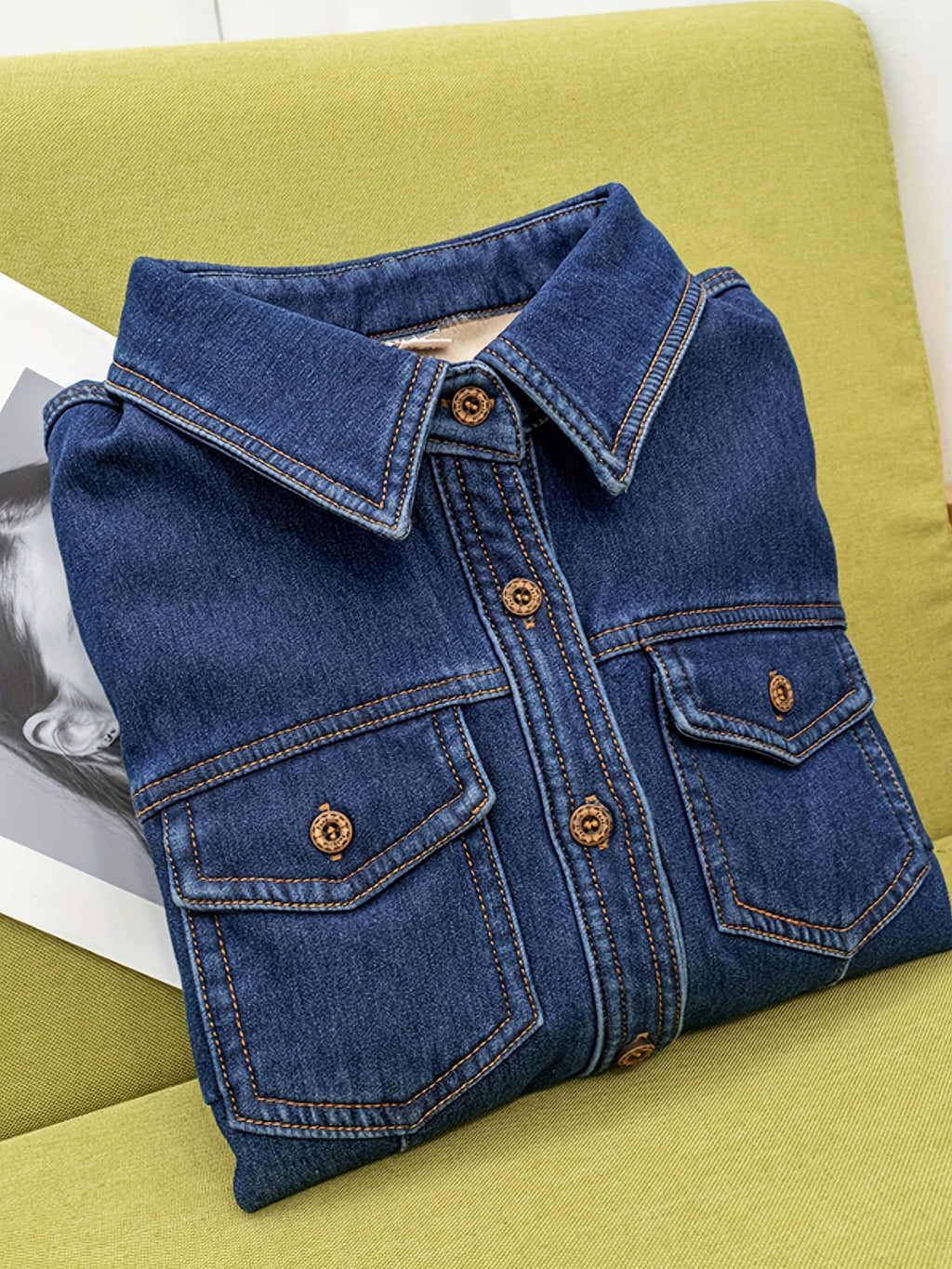 Plain Washed Blue Casual Long Sleeve Plush Lined Denim Shirts Top For Winter, Women's Denim Jeans & Clothing