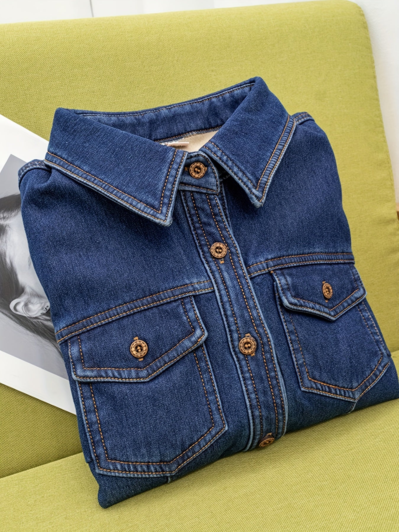 Plain Washed Blue Casual Long Sleeve Plush Lined Denim Shirts Top For Winter, Women's Denim Jeans & Clothing