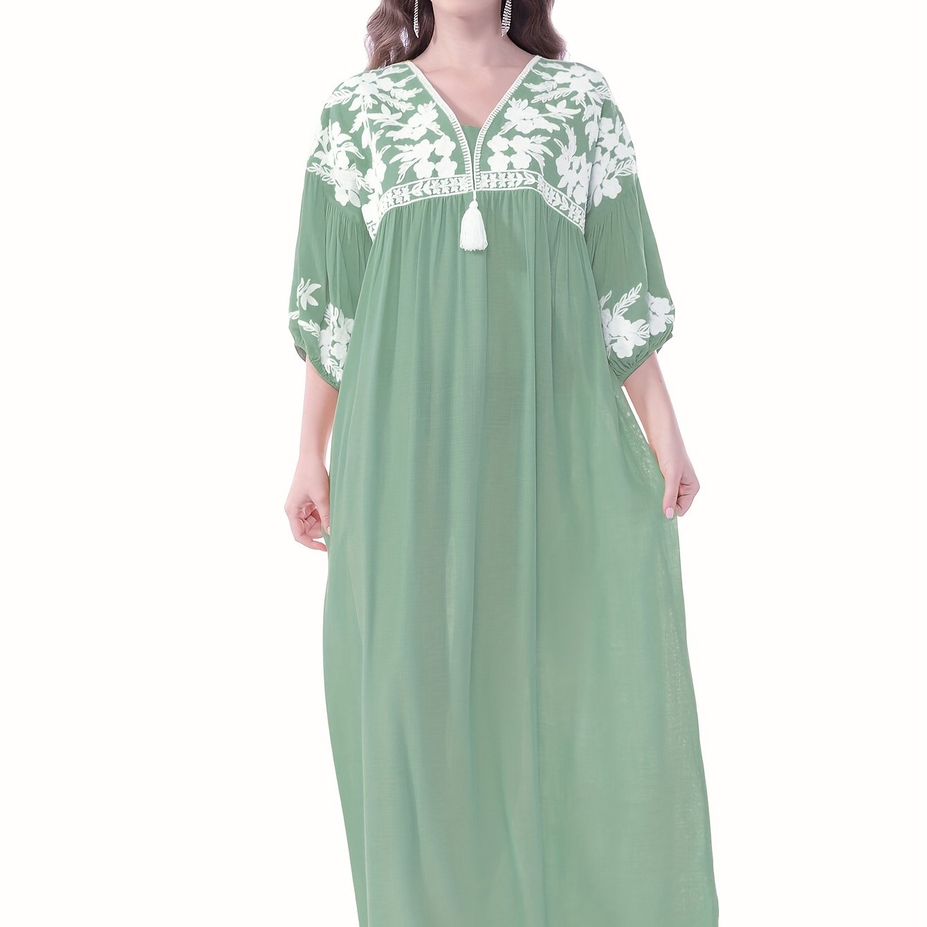 Women's White Floral Embroidery - Loose Fit, V-Neck, Half Sleeve, Non-Stretch Fabric