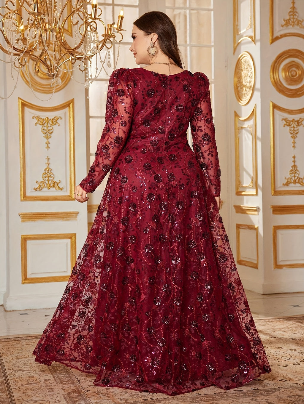 Plus Size, Elegant V-Neck Sequin Embellished Mermaid Evening Gown with Long Lampshade Sleeves