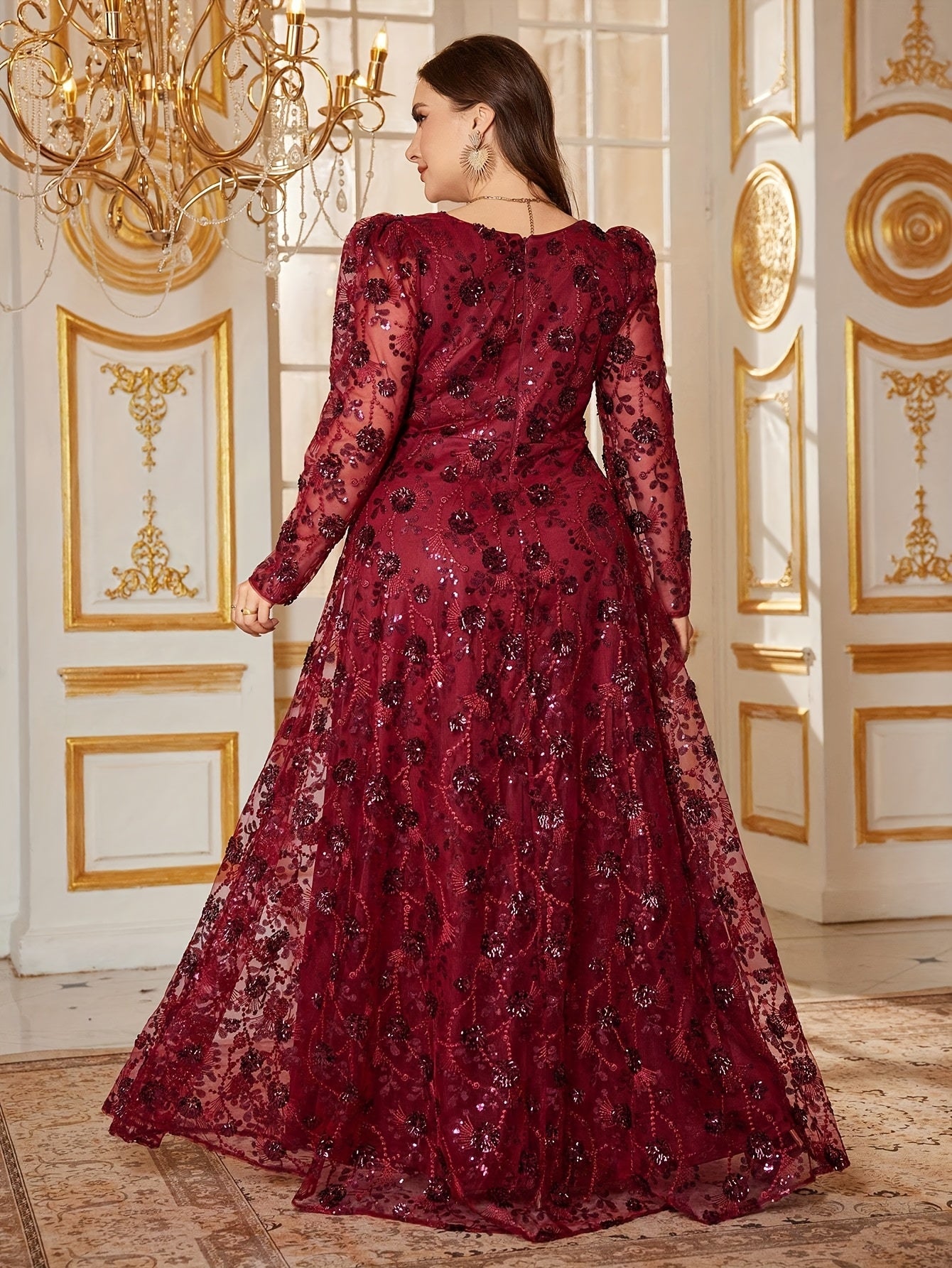 Plus Size, Elegant V-Neck Sequin Embellished Mermaid Evening Gown with Long Lampshade Sleeves