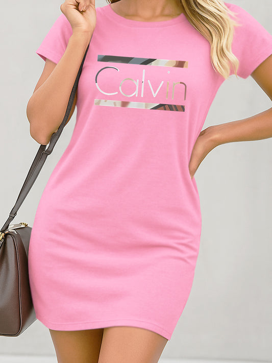 Women'S Plus Size "Calvin" Graphic T-Shirt Dress - Soft Stretch Fabric, Short Sleeve, Round Neck, Pink Casual Summer Dress for Casual Attire,