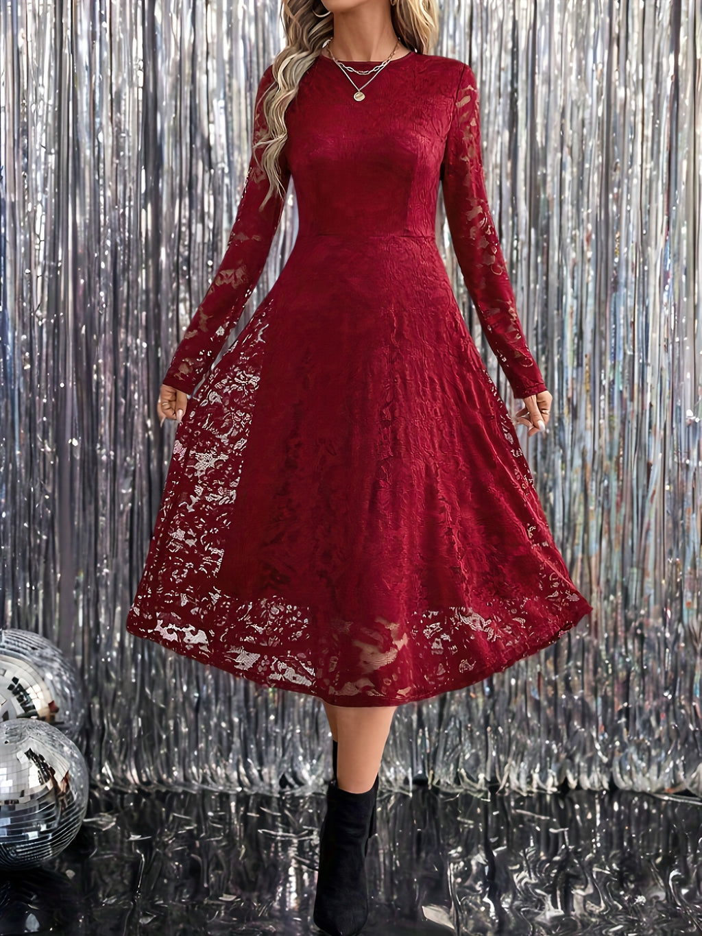Elegant Burgundy Long-Sleeve Mid-Length Dress - Slim-Fit Party Dress for Fall/Christmas