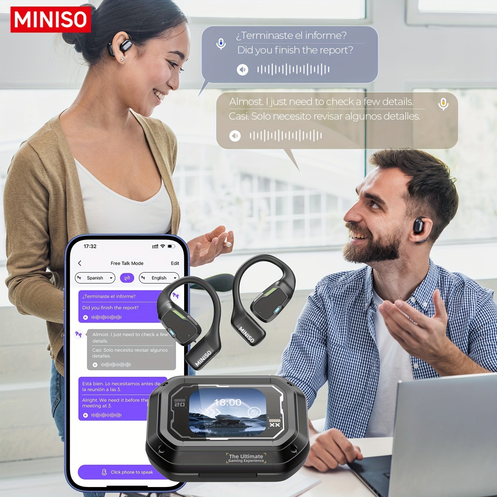 AI Wireless Earbuds with Real-Time Translation, Touch Controls & Detachable Mic