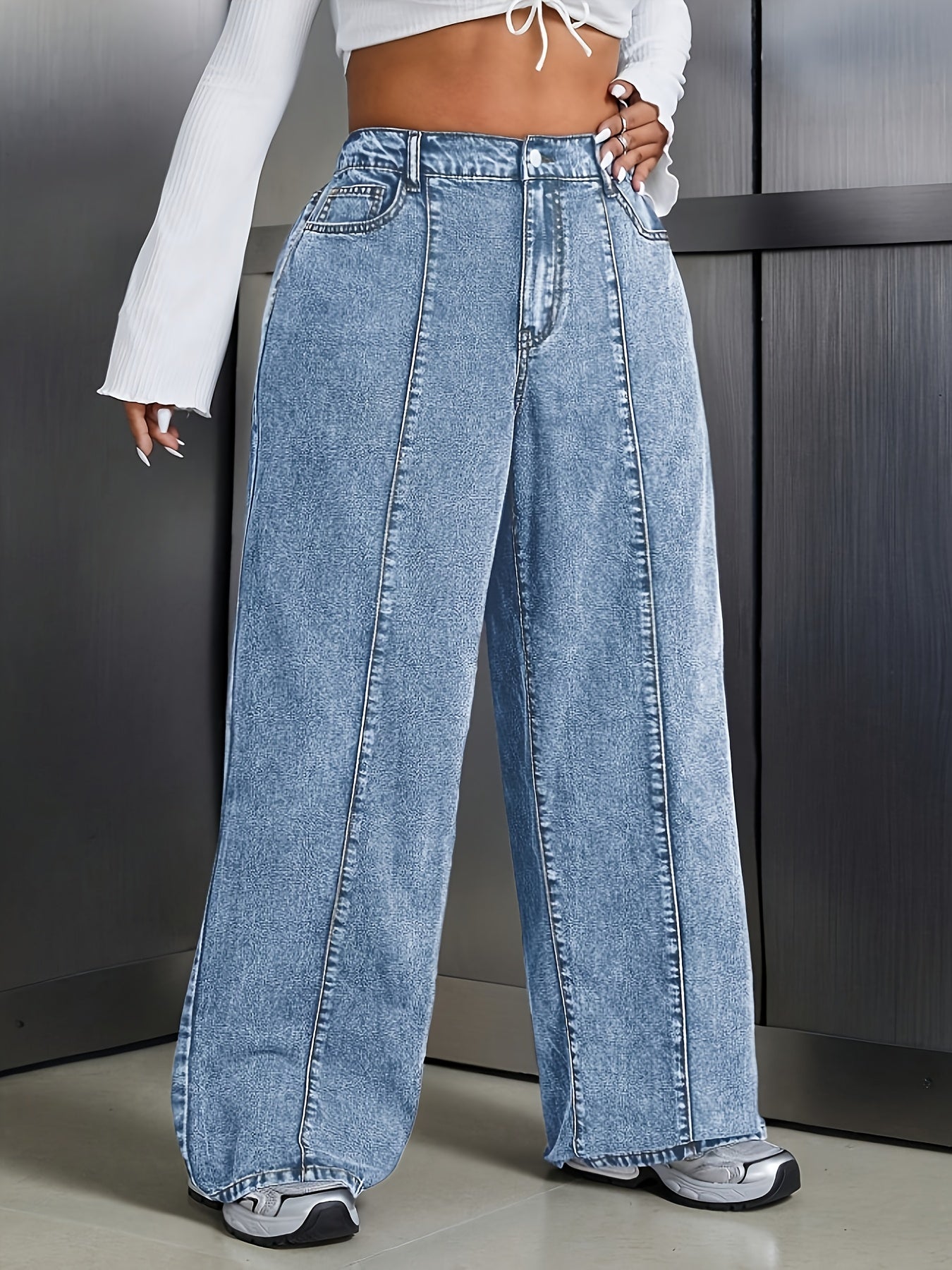 Women's Plus Size Wide-Leg Jeans - Non-Stretchy Vintage Washed Blue Jeans