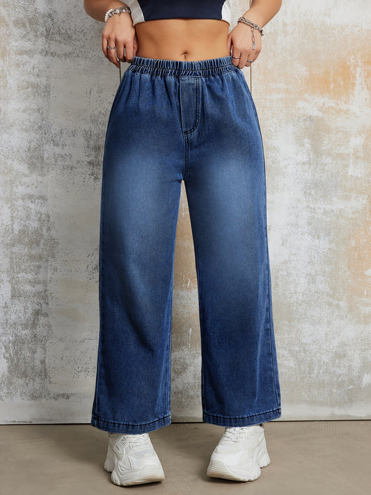 Elastic Waist Loose Fit Denim Pants