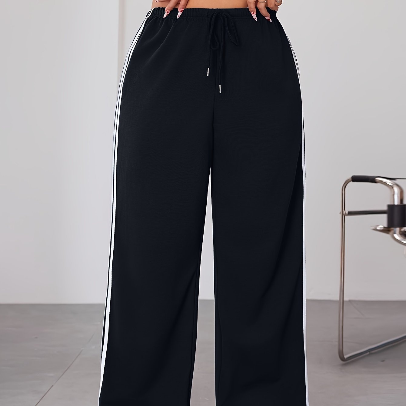 Plus Size Wide Leg Pants with Side Stripes