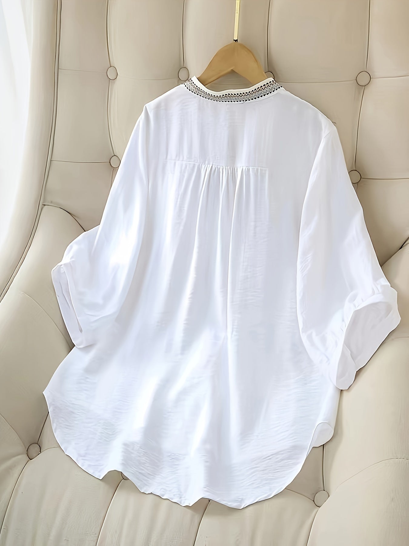 Women's Elegant Short Sleeve Blouse - Floral & Pearl Embroidery, Semi-Sheer Stand-Up Collar