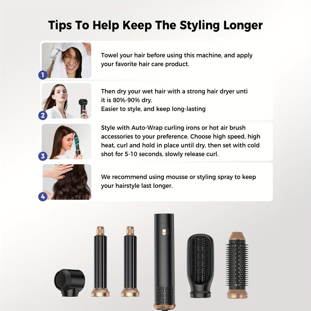 5-in-1 Hair Styler Dryer Brush - 60,000 RPM Ionic Technology, Auto-Reverse Curling