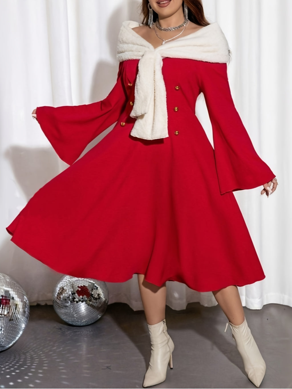 Plus Size Elegant Off-Shoulder Long Sleeve Flared Dress for Christmas New Year Party Dress