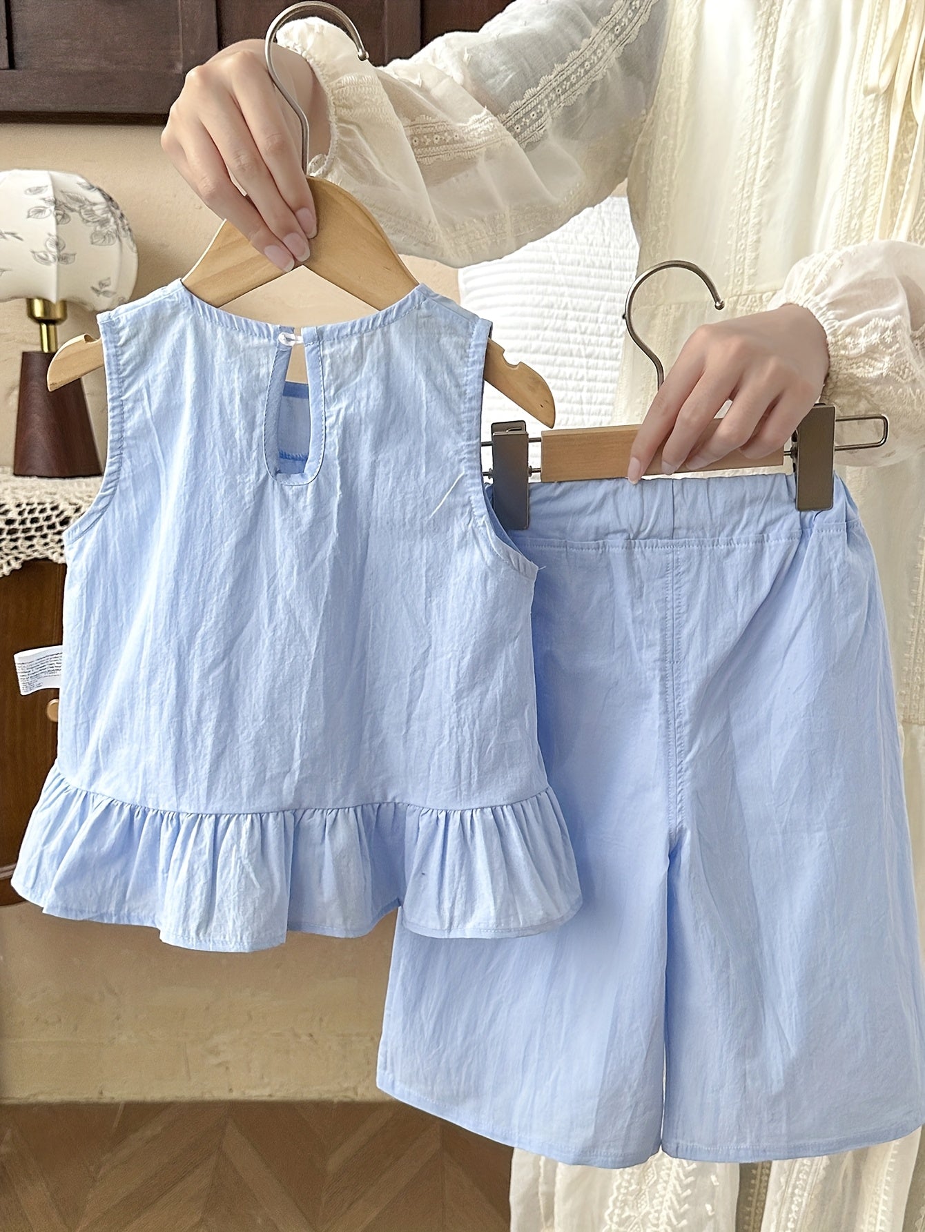 2pcs Wide Shoulder Dress and Shorts Set for Girls, Summer Lightweight Solid Color