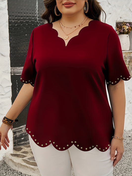 Elegant Burgundy V-Neck Blouse with Cut-Out Floral Embellishments