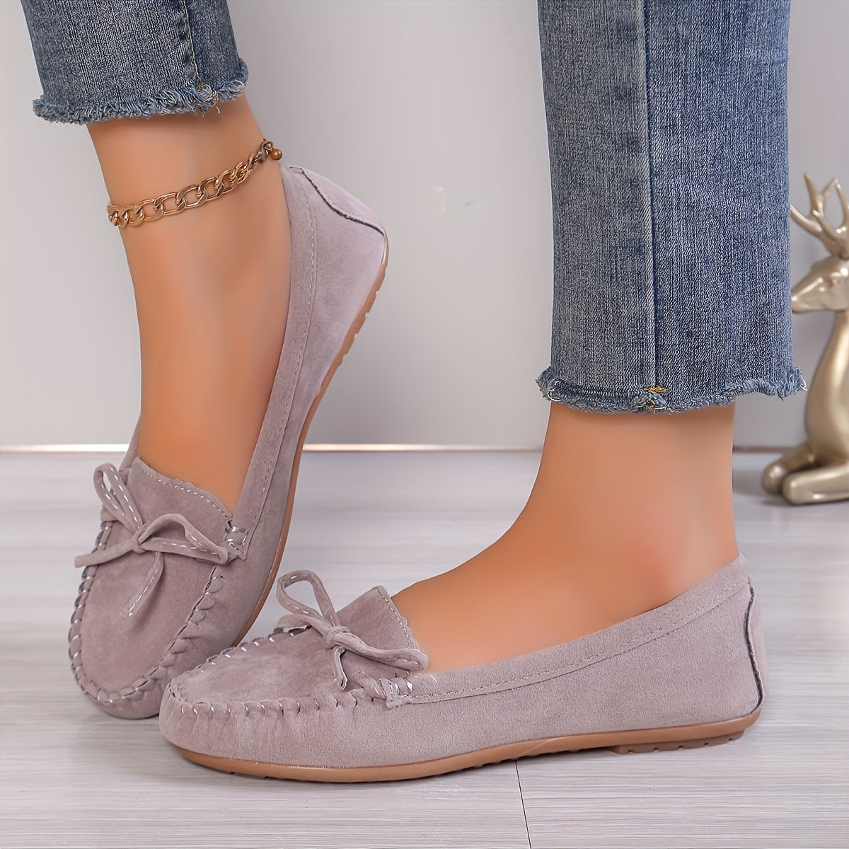 [Pair of Vintage Loafers] Vintage Style Pair of Women's Loafers | Solid Color Slip-On Flats with Bow, Suitable for All Seasons, Fashionable Retro Shoes