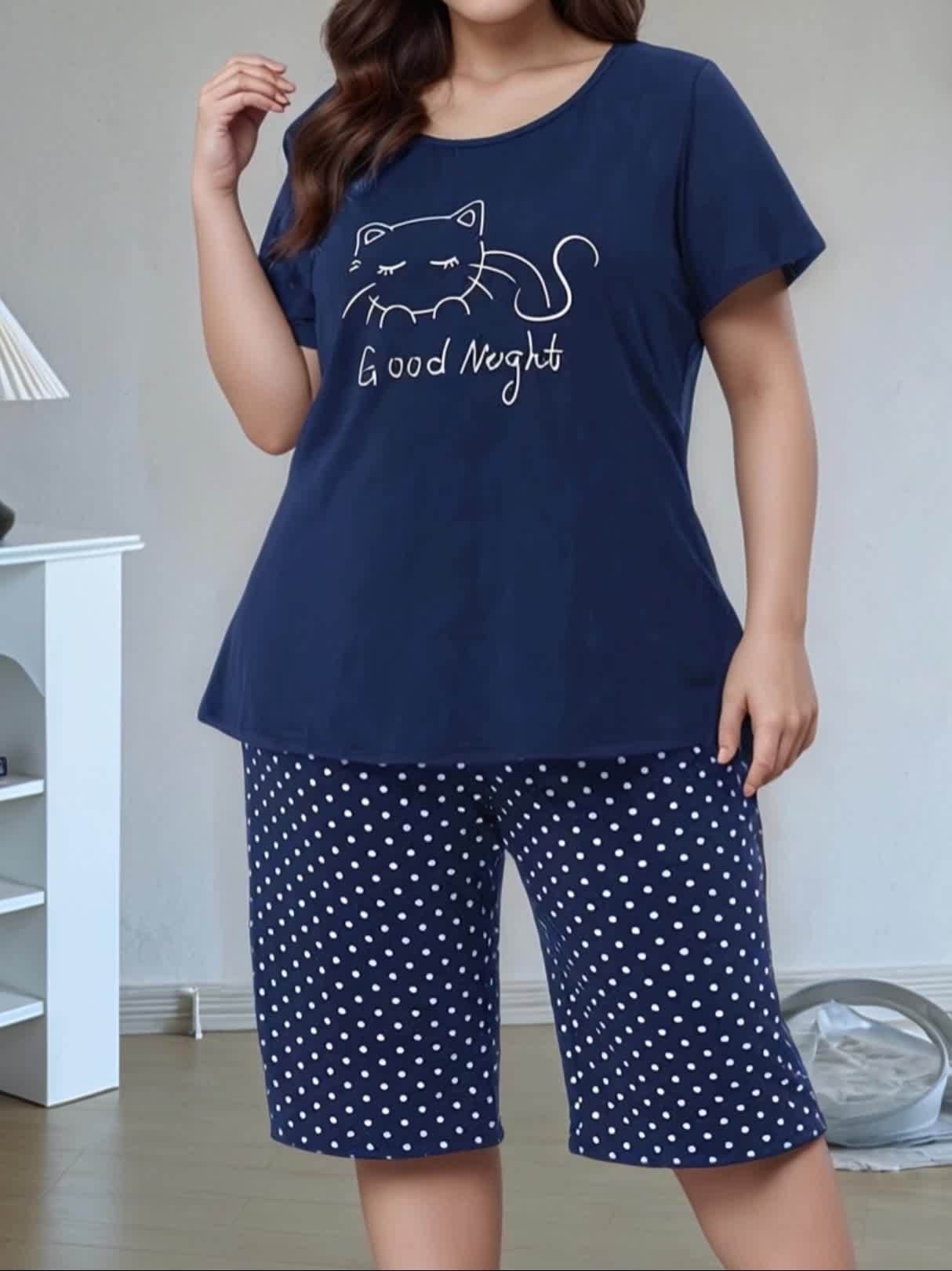 Summer Plus Size Women'S Casual Fashion Pajamas, Kitten Print, Comfortable Short Sleeve Shorts Set