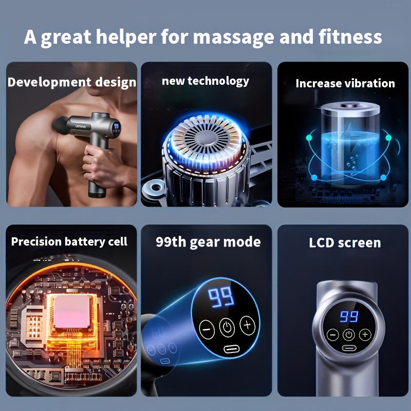 Massage Gun - Quiet Percussion, 8 Heads, USB Rechargeable, Ideal for Back, Legs & Buttocks