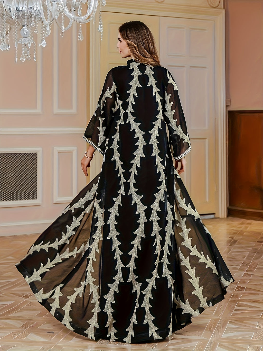 Plus Size - Elegant Embroidered Black Long Robe | Loose Comfortable Regular Fit