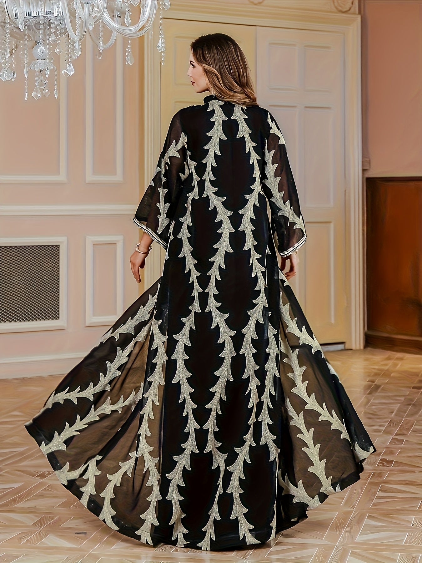 Plus Size - Elegant Embroidered Black Long Robe | Loose Comfortable Regular Fit