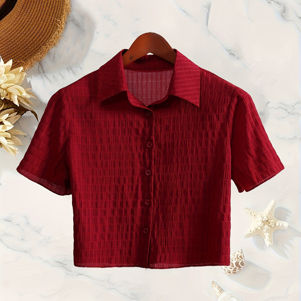 Women's Casual Red Short Sleeve Button-Up Shirt - Machine Washable, Collared Design