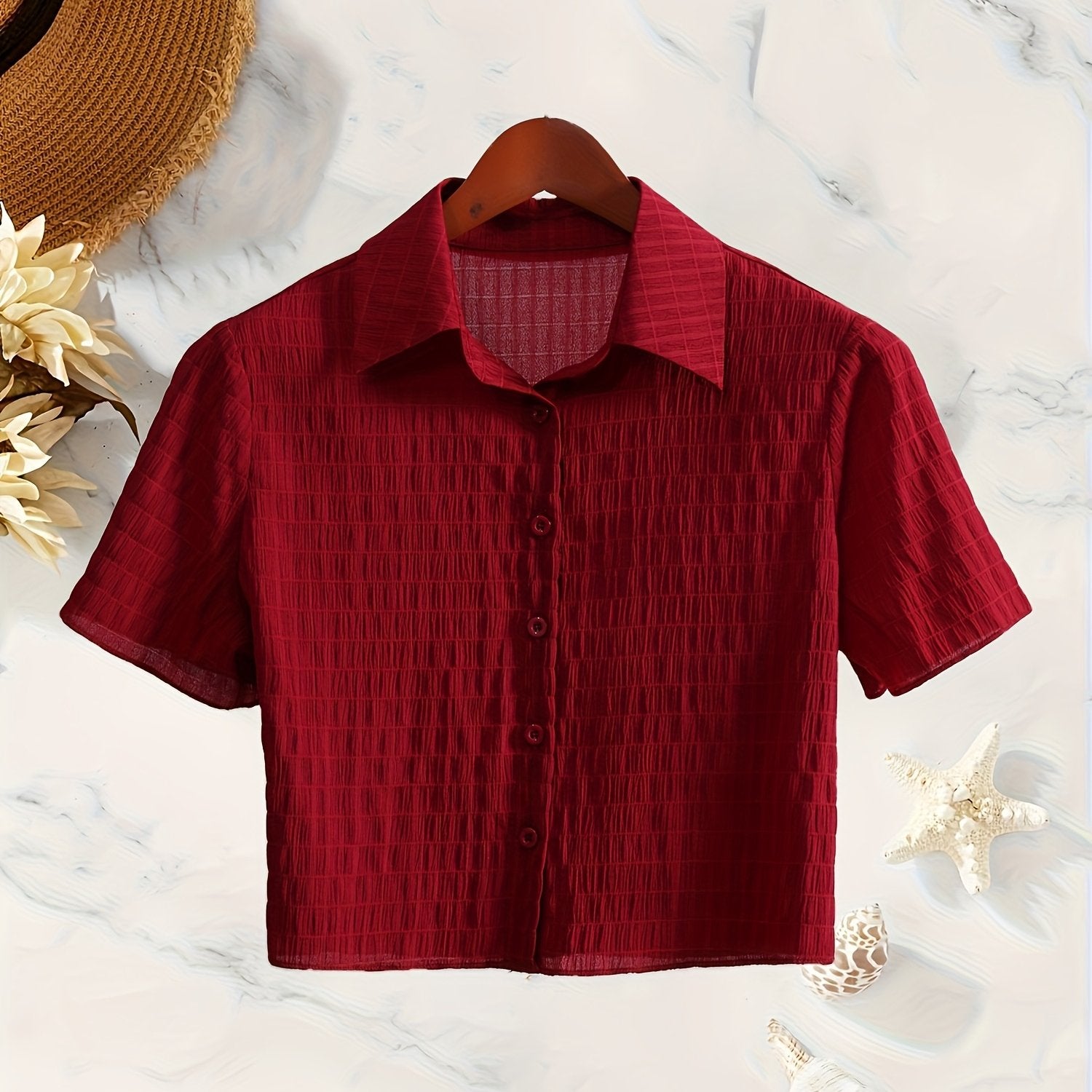 Women's Casual Red Short Sleeve Button-Up Shirt - Machine Washable, Collared Design