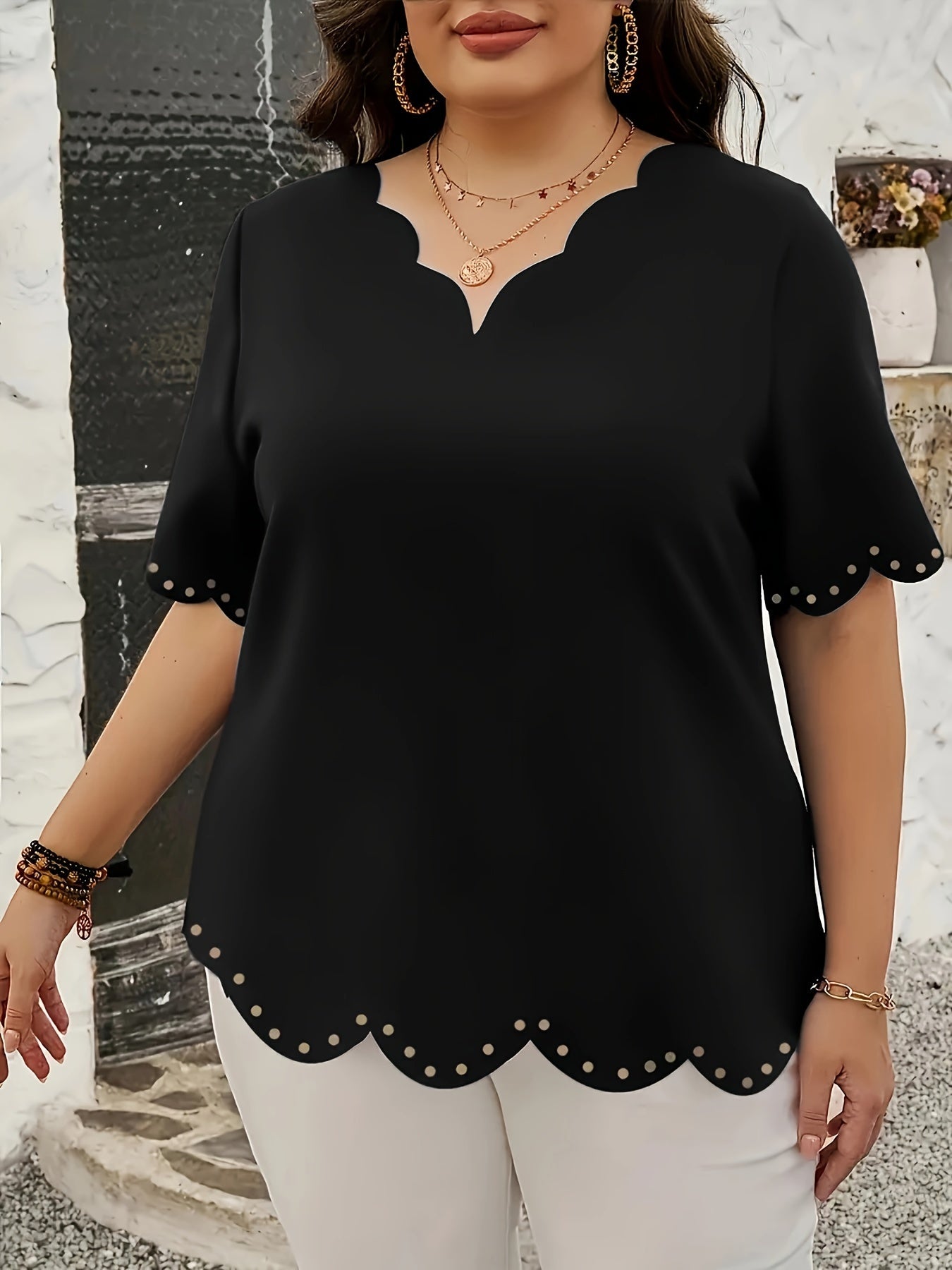 Elegant Burgundy V-Neck Blouse with Cut-Out Floral Embellishments