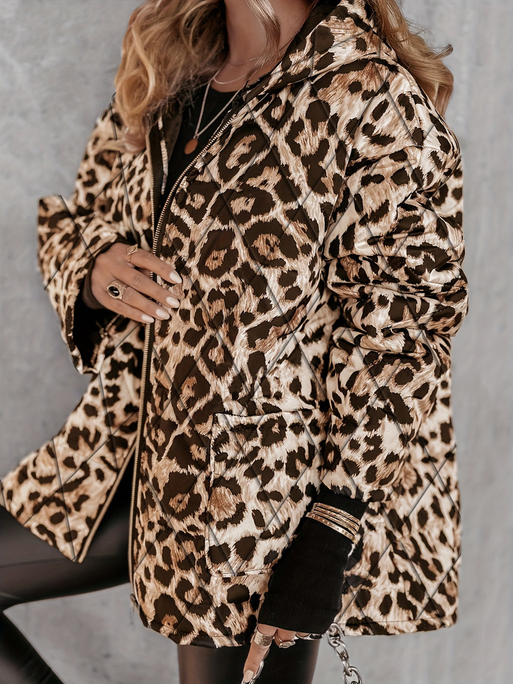 Plus Size Oversized Leopard Print (Brown/Black) Full-Zip Hooded Winter Jacket for Women