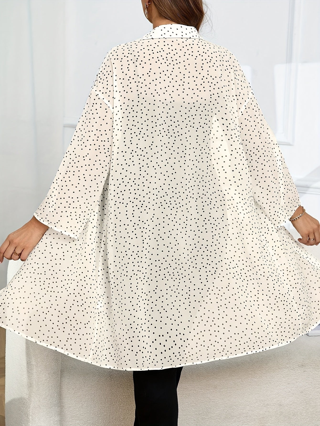 Chic Plus Size Polka Dot Blouse with Cuffed Long Sleeves