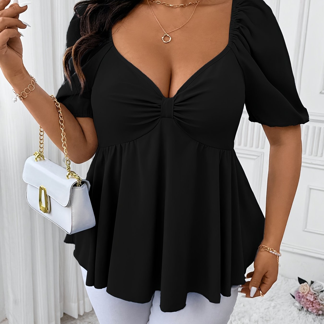 Elegant Plus Size Women's Deep V-Neck Blouse - Short Sleeve