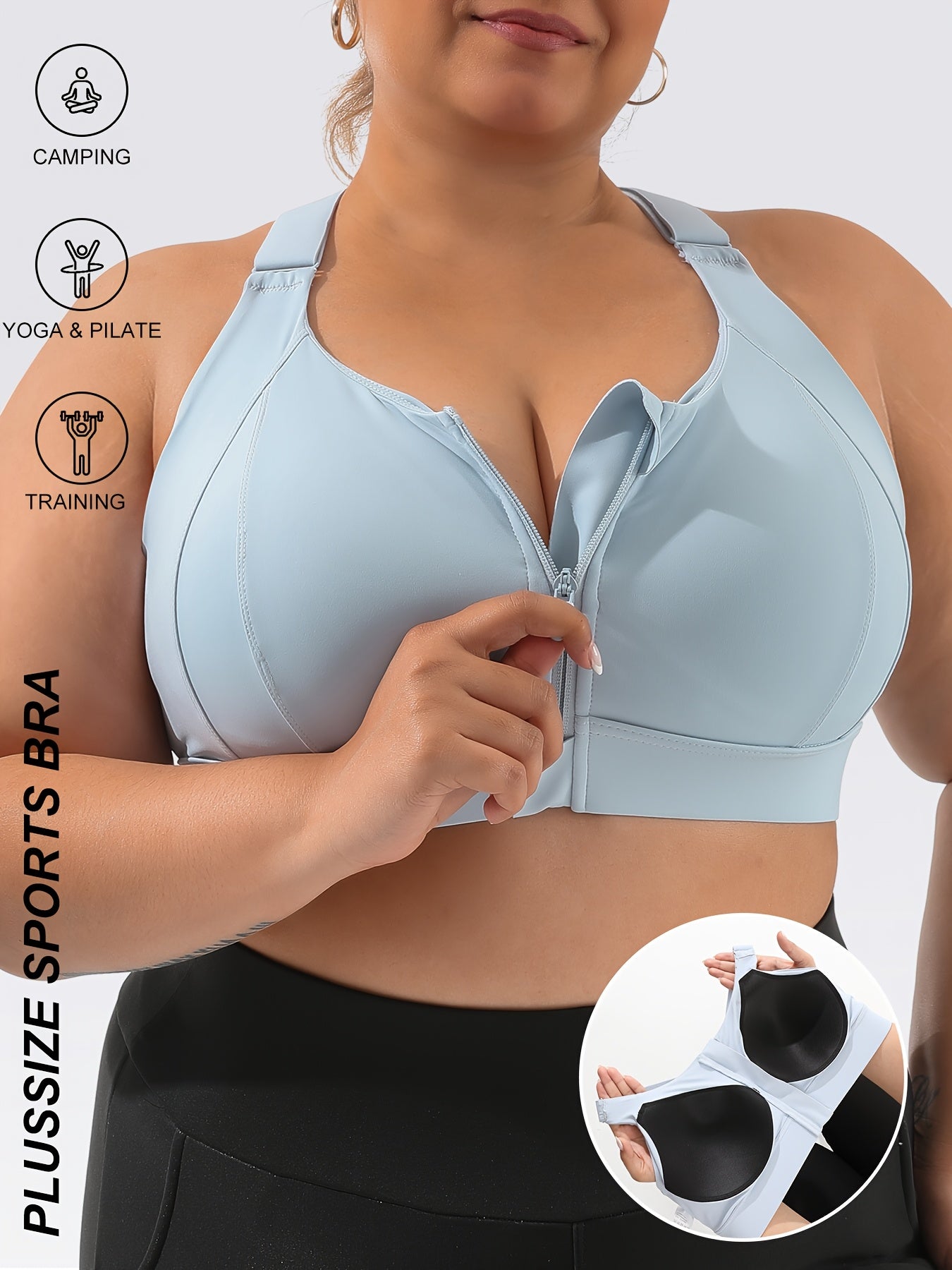 Plus Size Sports Bra with Front Zipper - High Impact, High Support, Adjustable Straps for Yoga