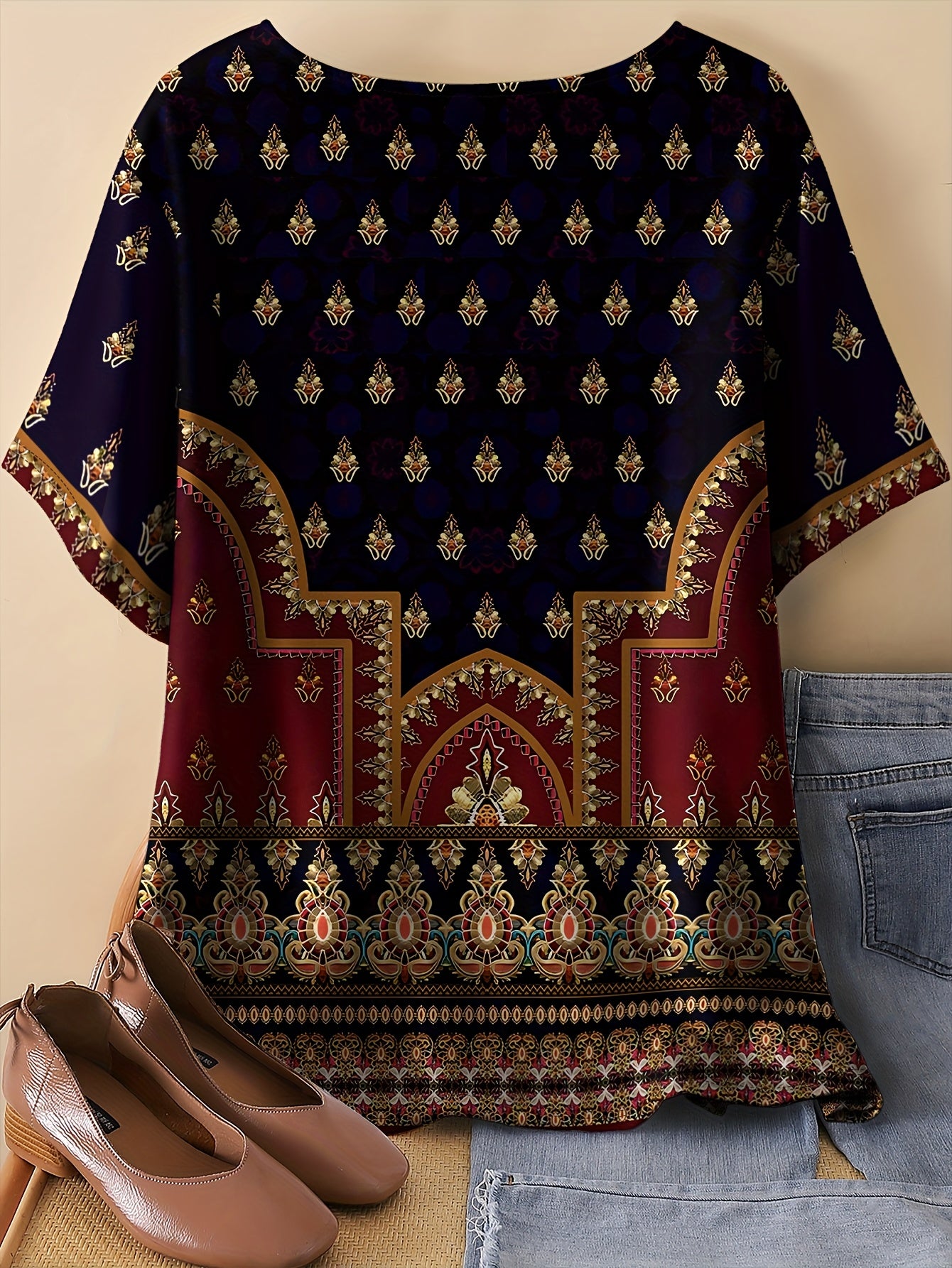 Bohemian Print T-Shirt, Comfortable Polyester Blend