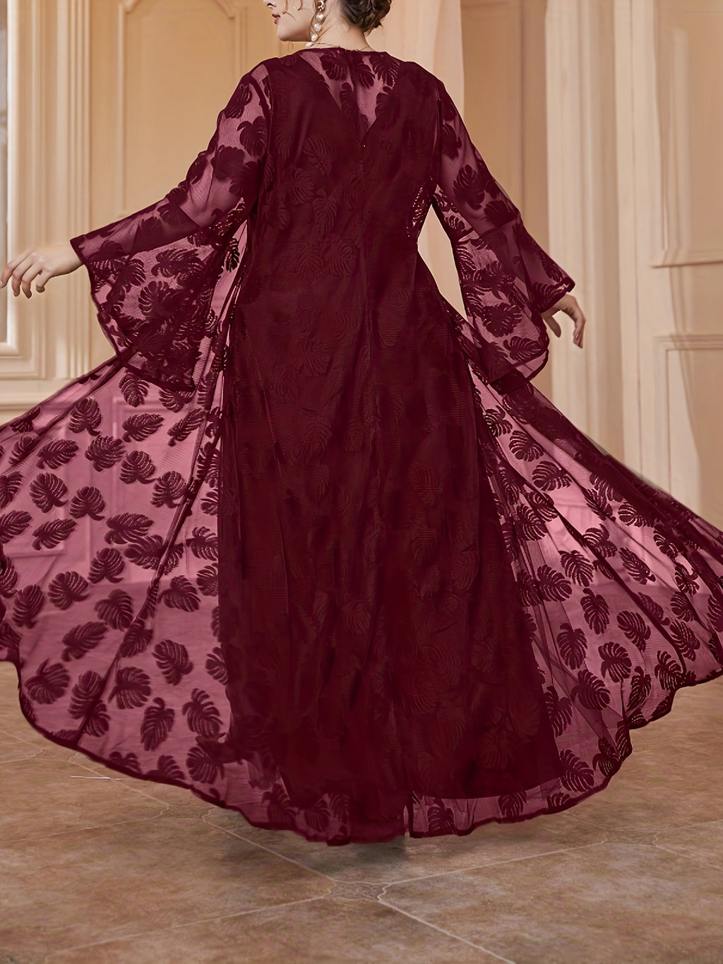 Plus Size - Elegant Round Neck Mesh Embroidery V-Neck Slim Long Dress