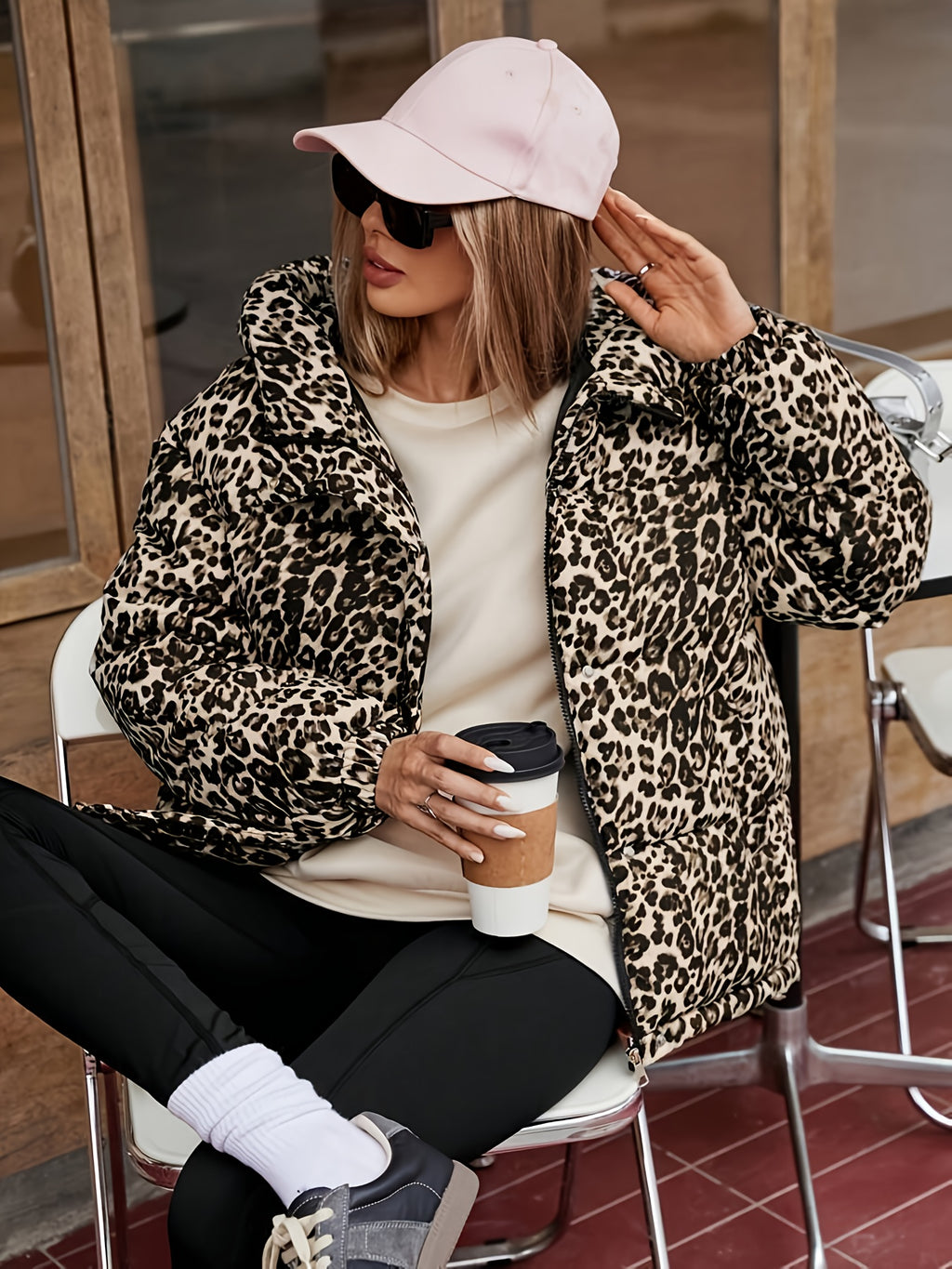 Women's Plus Size Winter Leopard Print Full-Length Zip Hooded Jacket