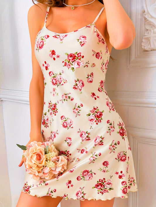 Women's Floral Print Sexy Spaghetti Strap Sleep Dress - Soft Stretchy, Machine Washable, All-Season Comfort for Home Lounge & Casual Wear,